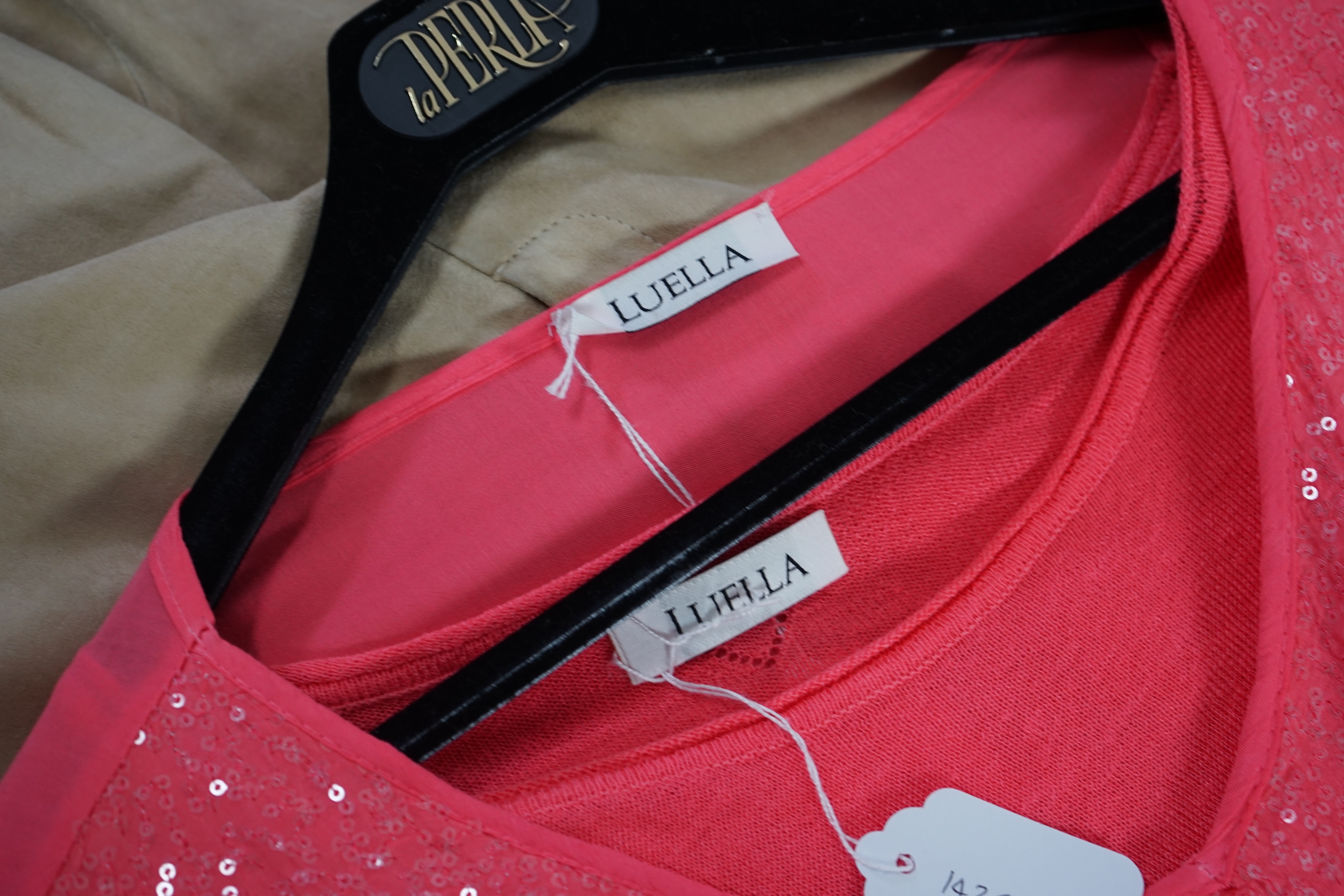 A pair of Paul Costello lady's suede trousers, a short sleeve silk blouse and two Luella tops. Approx sizes 14-16 Proceeds to Happy Paws Puppy Rescue